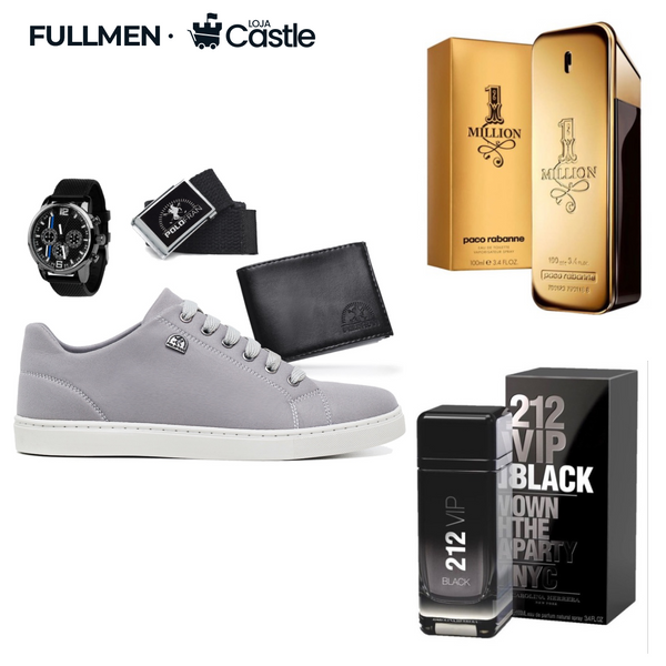 Kit FullMen - Tênis + Relógio + Carteira + Cinto + 2 Perfumes [TERMINA HOJE]